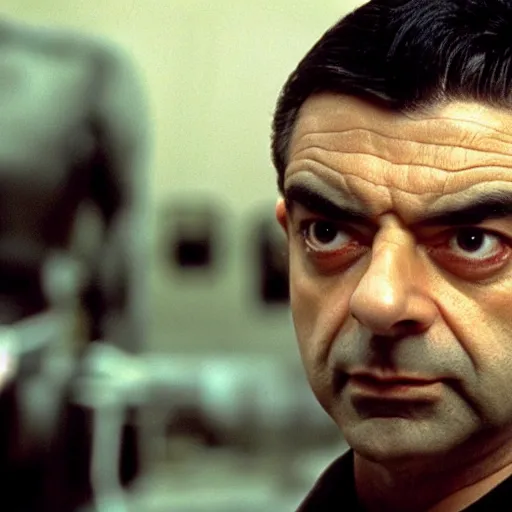 Prompt: film still of Rowan Atkinson in the Matrix