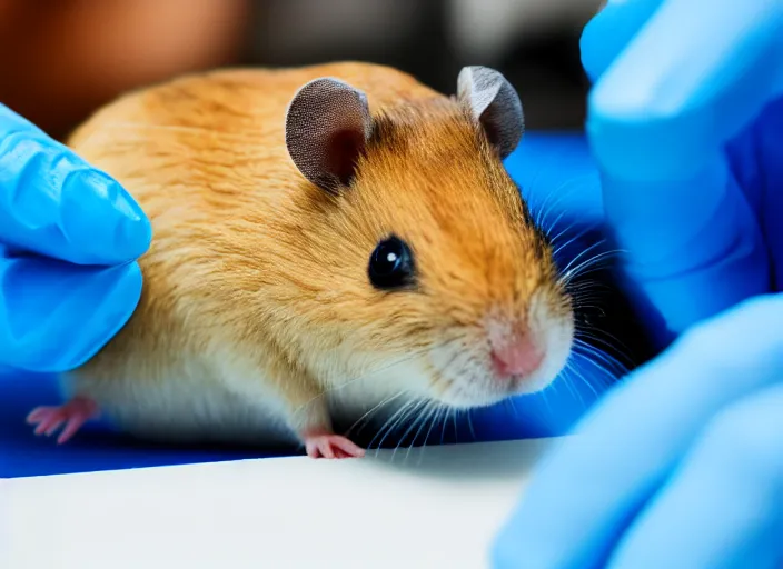 Image similar to film still of a hamster working in a research lab using a tiny microscope, 8 k