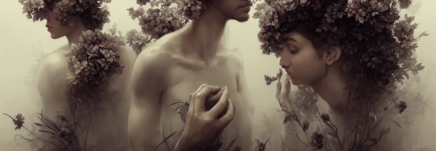 Prompt: young maren looks at the sky from behind the guy's mouth, a puff of smoke falls, the guy's flowers are large, with soft line, symmetrical patterns, in style marco mazzoni, greg rutkowski, artgerm