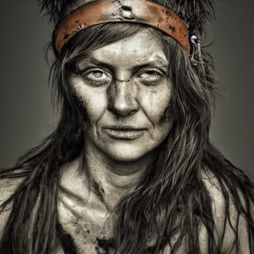 Prompt: Award Winning Portrait of a prehistoric weathered English Female with beautiful eyes wearing pelts and a leather headband by Lee Jeffries, 85mm ND 5, perfect lighting,