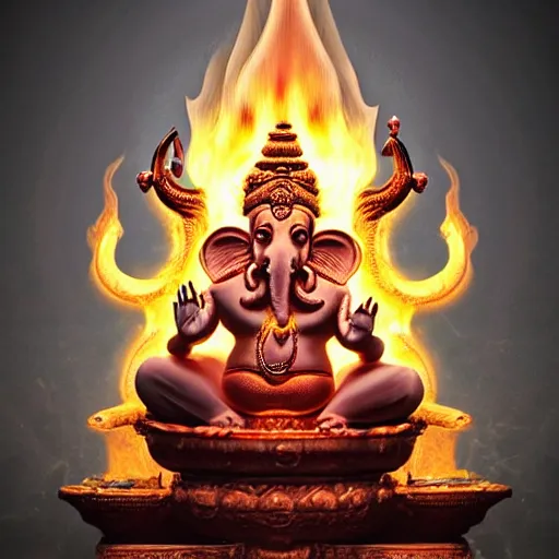 Prompt: Ultra realistic digital artwork of a possesed ganesha sitting in a perfect baphomet pose on a burning throne with smoke and ash floating away, improboble ammouunts of detail and accuracy, biblical art style, mana art, prophetic art, ultra detailed, high coherency, DSLR HDR 8k, by Simon Wong of Artstation