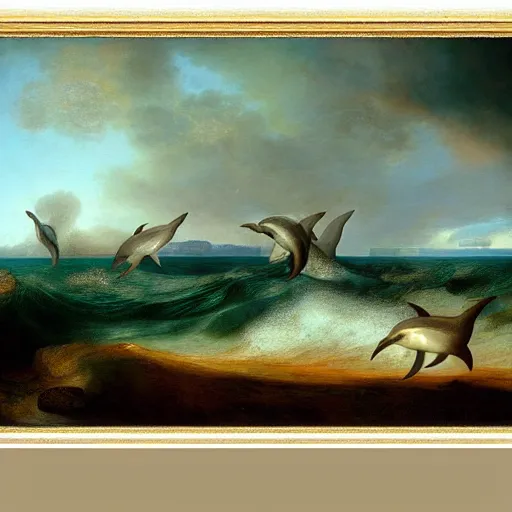 Prompt: Beautiful Ocean sunset, dolphins jumping out of the ocean next to a Gallantine, Matte Oil Painting by Rembrandt, high detailed panoramic scene