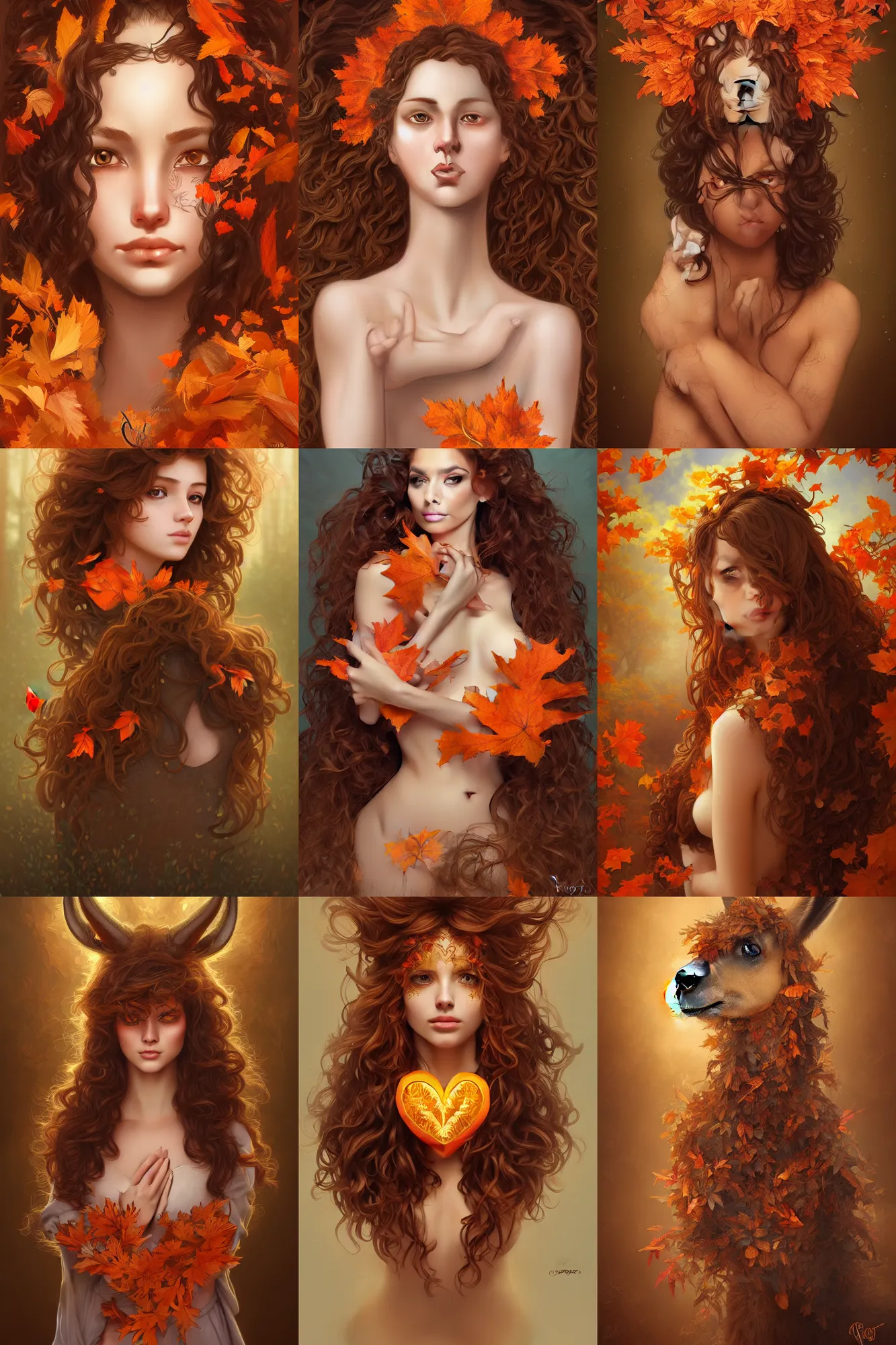 Prompt: beautiful digital painting of anthro llama, brown curly hair with orange oak leaves, heart shaped face, D&D, fantasy, intricate, beautiful eyes, cinematic lighting, highly detailed, digital painting, Artstation, concept art, smooth, sharp focus, illustration, art by Artgerm and Greg Rutkowski, Alphonse Mucha and Rossdraws