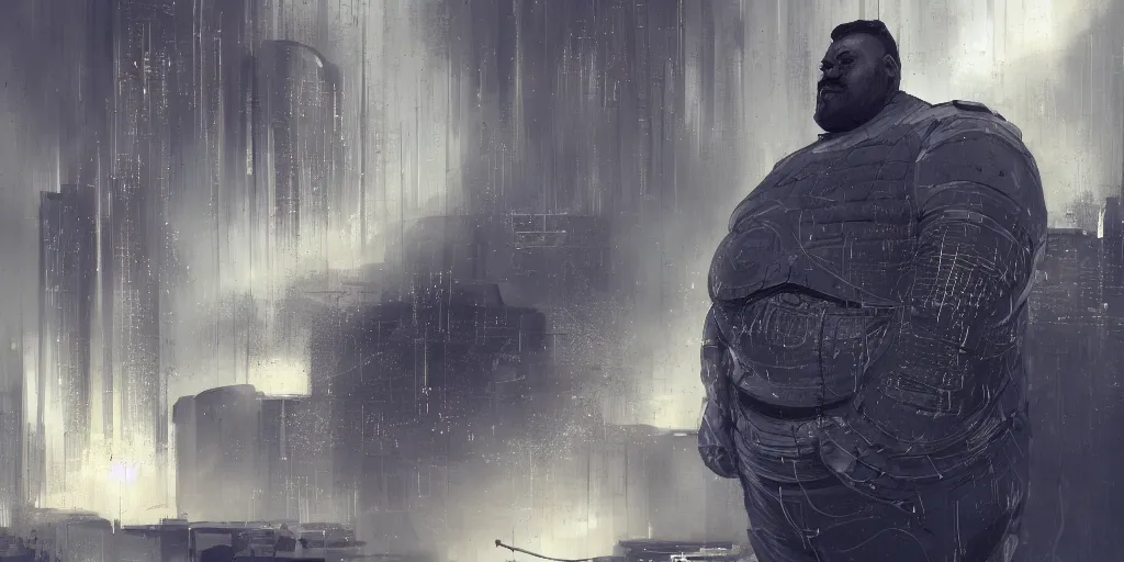 Image similar to portrait of a fat man sci fi soldier ranger, brutalist city architecture, dark epic, white and gold, emissive lights and cables and wires, high details, ceremonial clouds, dripping paint, fibonacci rhythm, artstation, art germ, wlop, pablo dominguez, sabbas apterus, award - winning, artstation