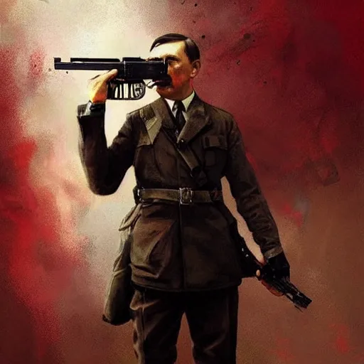Prompt: adolf hitler holding a gun and shooting himself his head exploded because of the bullet by greg rutkowski