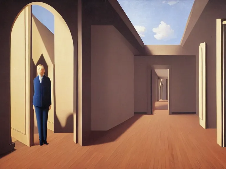 Prompt: infinite endless hallway painting by rene magritte, high detail, high resolution