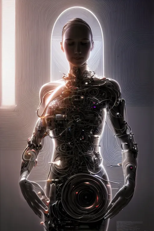 Image similar to Meditating cyborg with many cybernetic implants and wiring, lotus pose, techno-optimism, utopia, sci-fi, hyperrealist, centered, wide angle shot, shart focus, detailed, intricate, 4k UHD, creative lighting, digital painting by Greg Rutkowski, face by artgerm, digital art, trending on artstation, top post of all time on /r/transhumanism subreddit