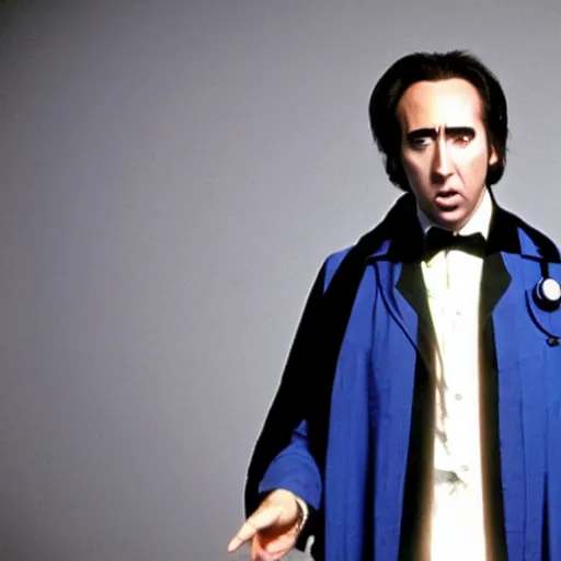 Prompt: nicholas cage as doctor who, 1 9 7 0 s, wide shot