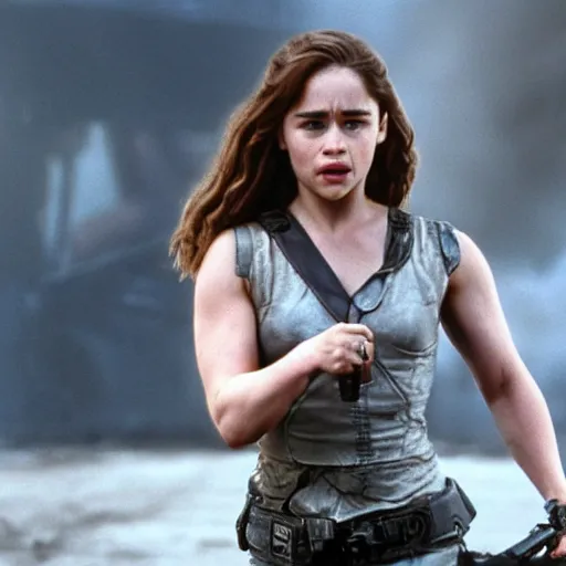 Image similar to emilia clarke as sarah connor in terminator 2