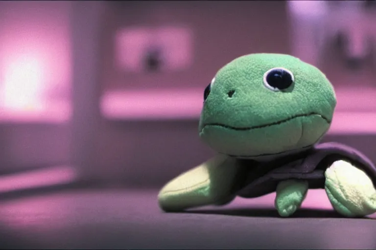 Image similar to cute turtle plushie in cyberspace, in 2 0 5 5, y 2 k cybercore, industrial low - light photography, still from a ridley scott movie