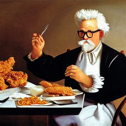 Image similar to Colonel Sanders eating fried chicken. Painted by Caravaggio, high detail