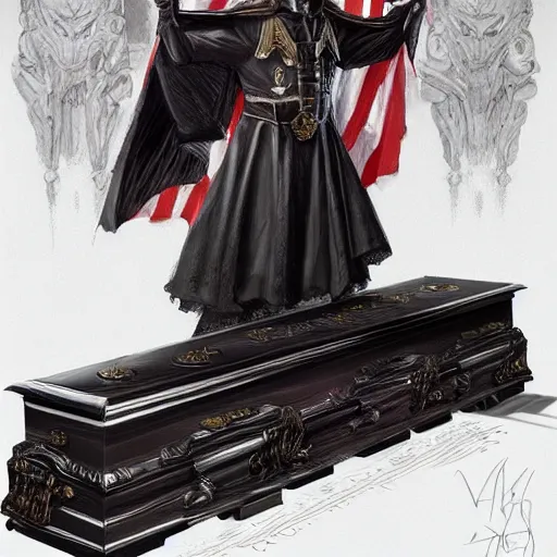 Image similar to putin on the coffin, death, funeral, portrait, highly detailed, full body, digital painting, trending on artstation, concept art, sharp focus, illustration, art by artgerm and greg rutkowski and magali villeneuve