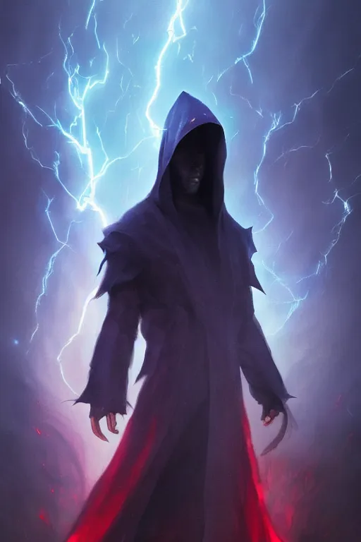 Prompt: A full body portrait of a mysterious dark sorcerer, with a long grey beard, a very long crimson red and midnight blue hooded cloak with blue fire coming off it, lightning in the sky art by Maciej Kuciara and Jason Chan, ominous, cosmic horror, trending on artstation, Ultra detailed, hyper realistic 4k