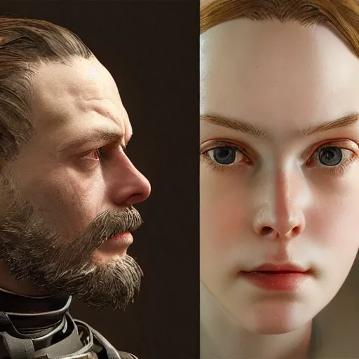 Prompt: leyendecker and peter paul rubens, head and shoulders portrait of a elle fanning in metal gear solid and death stranding, unreal engine, fantasy art by global illumination, radiant light, detailed and intricate environment