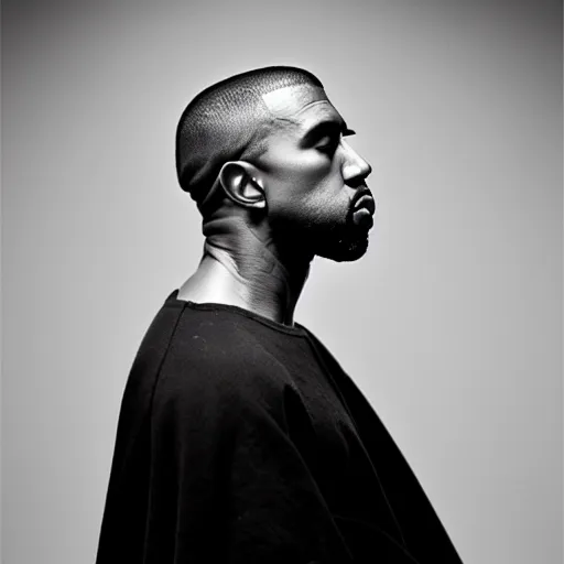 Image similar to a ( ( ( ( ( ( ( ( ( chiaroscuro lighting portrait ) ) ) ) ) ) ) ) ) ) of kanye west ( ( ( ( ( ( ( ( ( dressed as rick owens ) ) ) ) ) ) ) ) ), black background, portrait by julia margaret cameron, shallow depth of field, 8 0 mm, f 1. 8