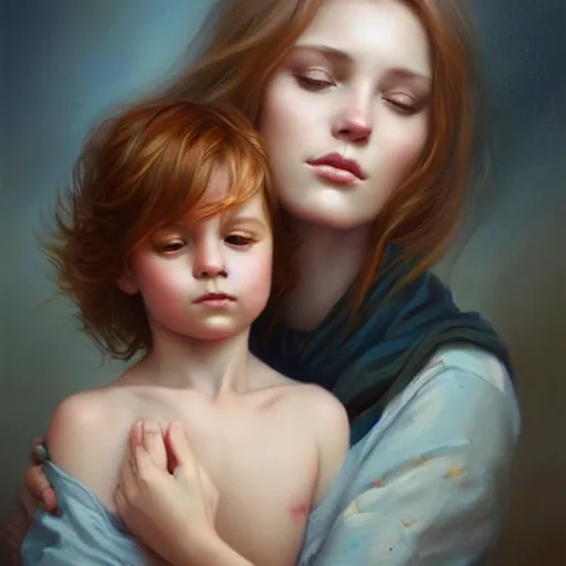 Image similar to love is patient love is kind, mother and child ; photorealistic oil painting by charlie bowater and mark blooms ; highly detailed cute faces by wlop ; trending on artstation