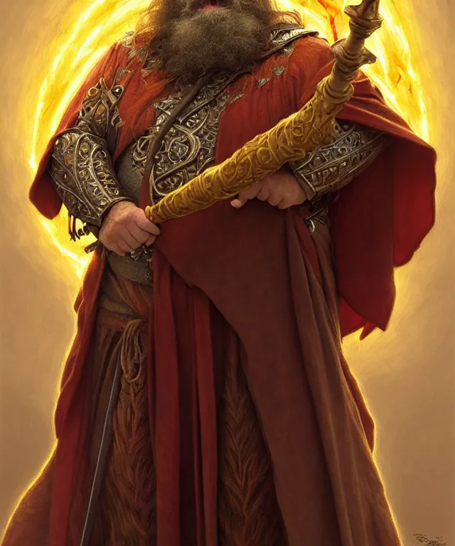 Image similar to brian blessed as a fantasy dwarf wizard, casting a fireball spell, with a staff and billowing cloak, portrait, fantasy, intricate, elegant, highly detailed, digital painting, artstation, concept art, smooth, sharp focus, illustration, art by artgerm and greg rutkowski and alphonse mucha