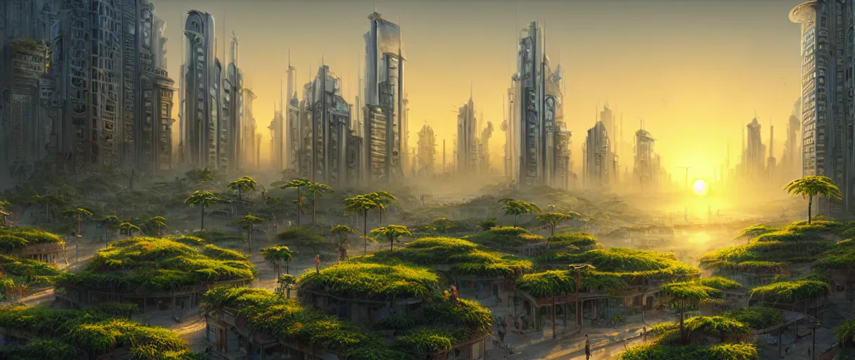 Prompt: matte painting solarpunk cityscape plants highly detailed sunrise