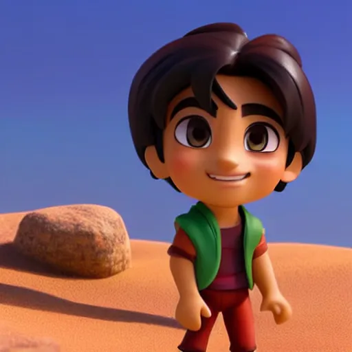 Image similar to profile view of young aladdin as nendoroid walking in a desert in the croods movie style, wearing typical clothes, 8 k, hd, dof, kodak film, volumetric lighting, bright backlit, subsurface scattering, photorealistic, octane render