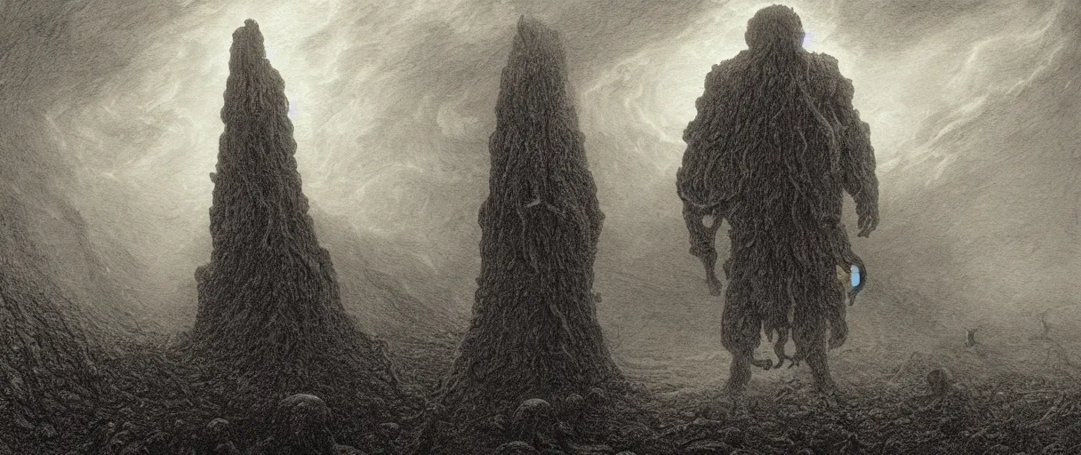 Prompt: an engraving portrait of yog sothoth, lovecraftian atmosphere, caspar david friedrich, foggy, depth, strong shadows, stormclouds, illuminated focal point, highly detailed