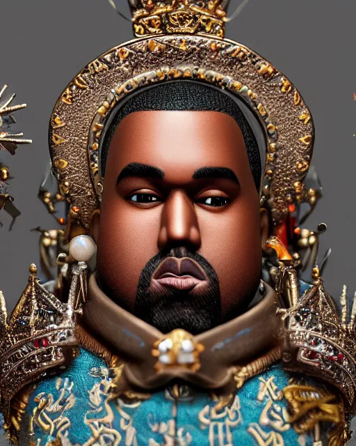 Image similar to highly detailed closeup, face profile portrait of a tin toy kanye west as a fairytale king wearing a crown and sitting on a throne, robes, depth of field, nicoletta ceccoli, mark ryden, lostfish, max fleischer, breathtaking, detailed and intricate environment, 8 k resolution, hyperrealistic, octane render