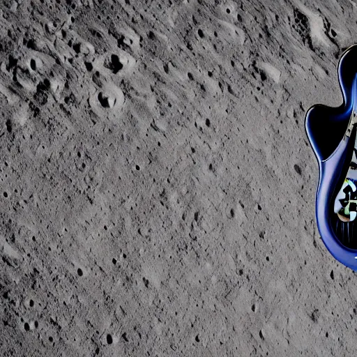 Prompt: real photo of a stratocaster electric guitar standing idle on the moon. detailed. 8k
