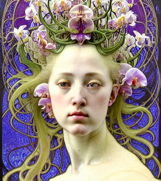 Prompt: beautiful orchid fairy detailed realistic porcelain face portrait by jean delville, alphonse mucha, iris van herpen and marco mazzoni, art forms of nature by ernst haeckel, art nouveau, symbolist, visionary, gothic, neo - gothic, pre - raphaelite, fractal lace, intricate alien botanical biodiversity, surreality, hyperdetailed ultrasharp octane render