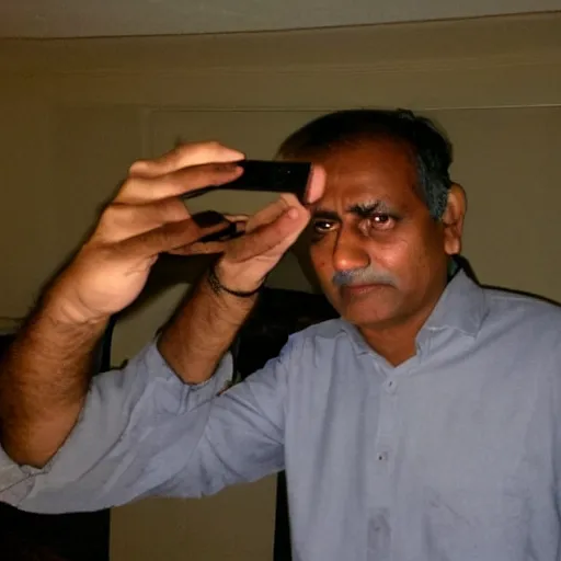 Prompt: my indian dad taking a selfie in the dark and squinting his eyes because the camera flash is too bright