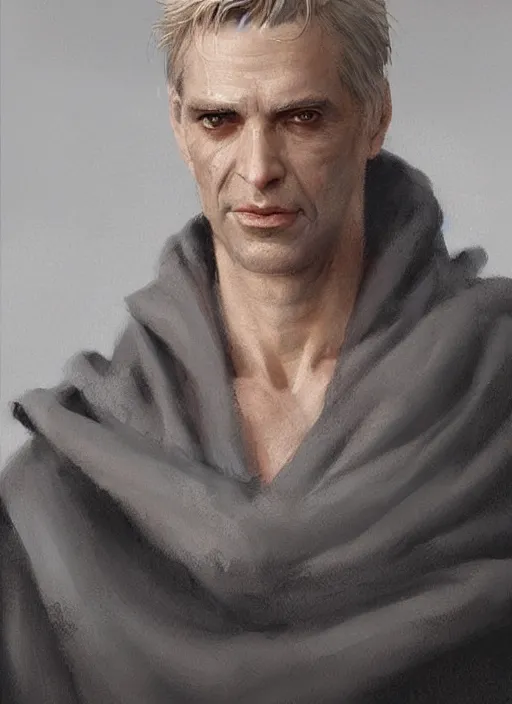 Prompt: a clean shaven man aged 4 0 with tousled blonde hair and hazel eyes and a friendly expression. he is handsome and wearing a grey cloak. head and shoulders portrait painting by greg rutkowski