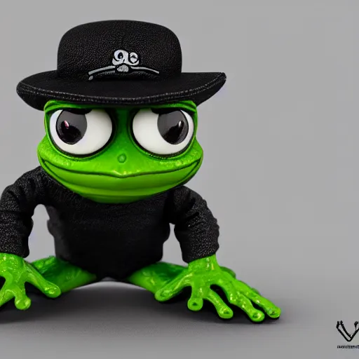 Image similar to perfectly accurate miniature figure of pepe the frog wearing jeans and a black leather jacket, soft textures, skin texture, clothing, 3d sculpture, textured, fine detail, lifelike, photo, high resolution, octane render, post processing, after effects, trending on artstation