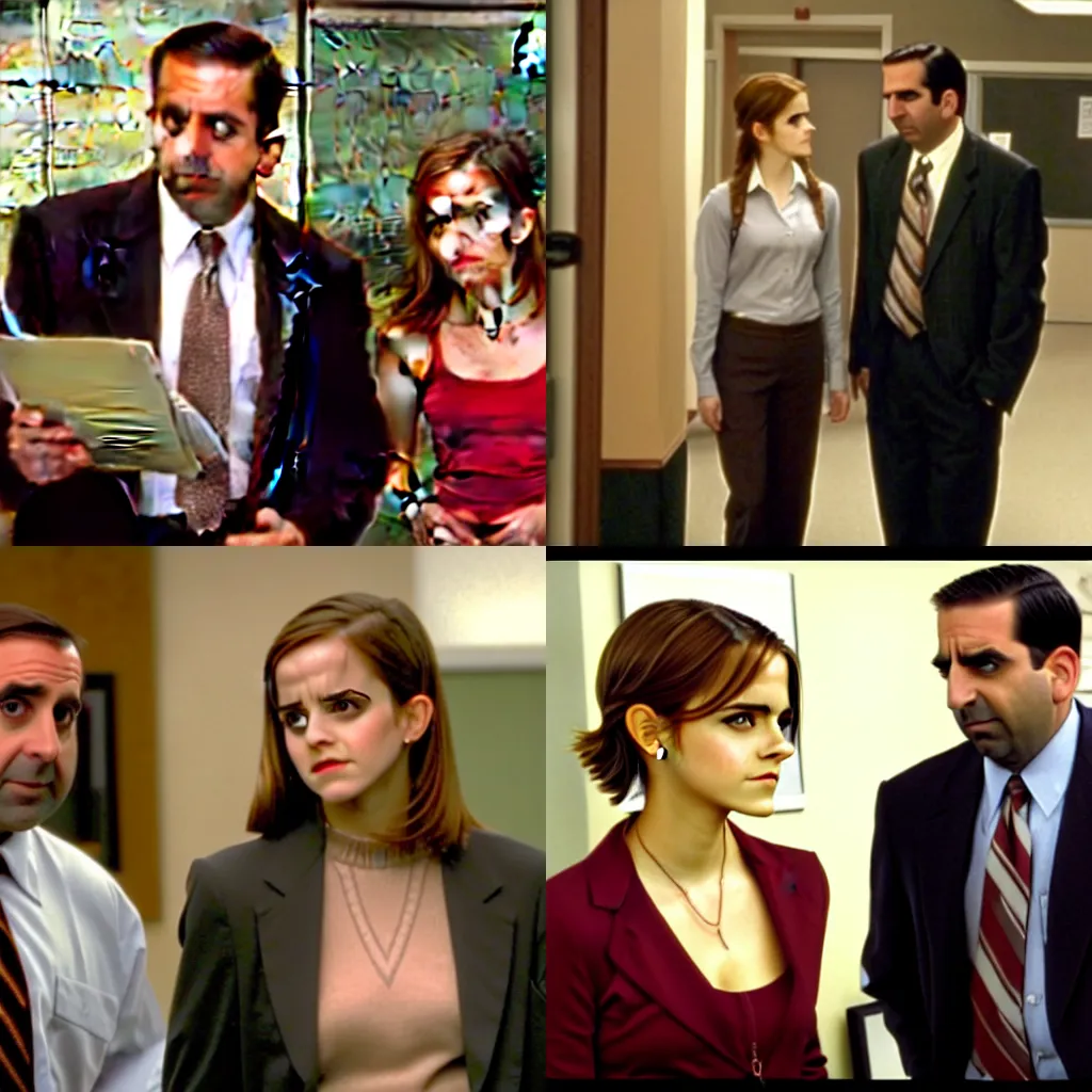 Prompt: screenshot from the office (2002) emma watson with micheal scott