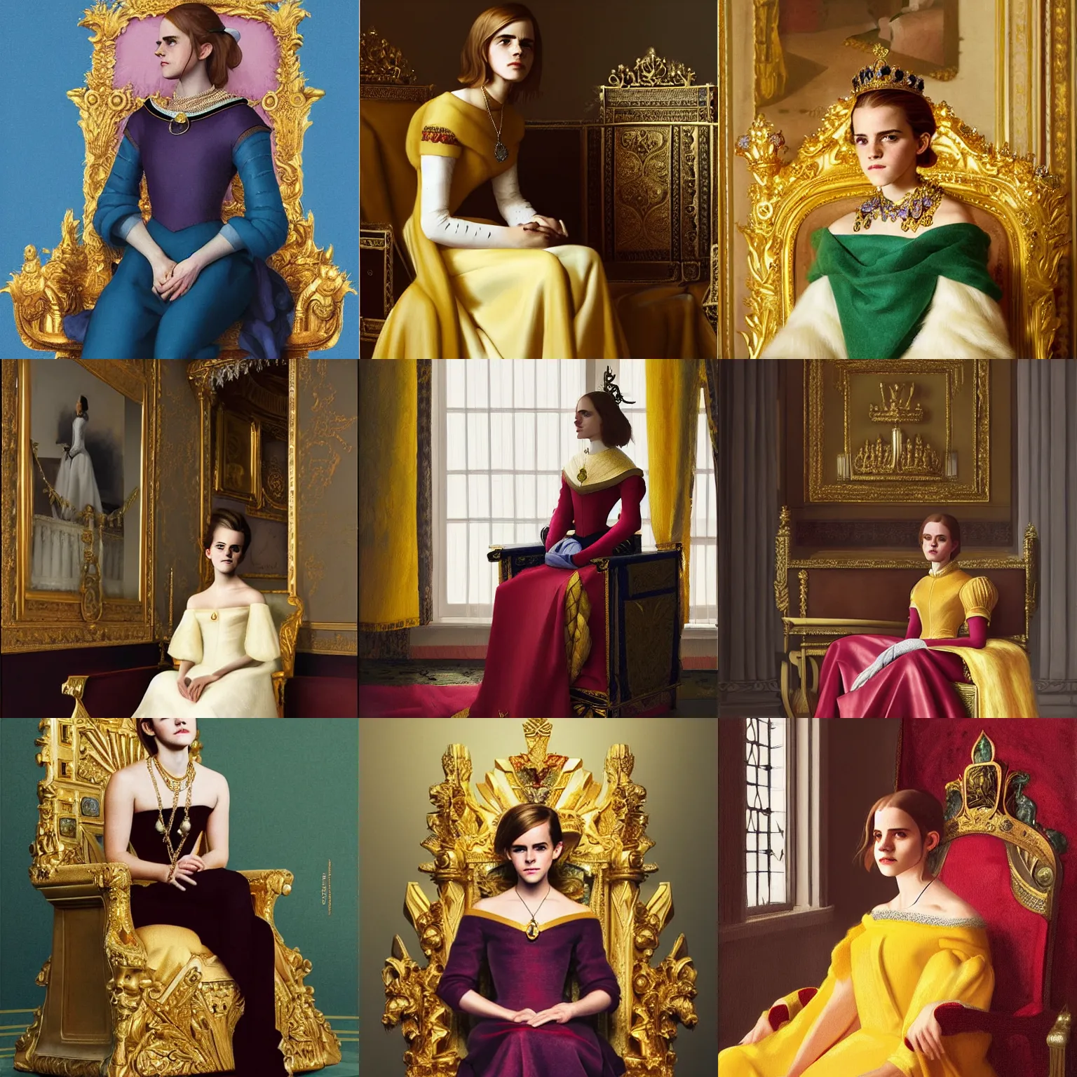 Prompt: Emma Watson sitting on queens throne royalty wearing royal mantle gold jewelry by moebius and atey ghailan by james gurney by vermeer by George Stubbs trending on artstation