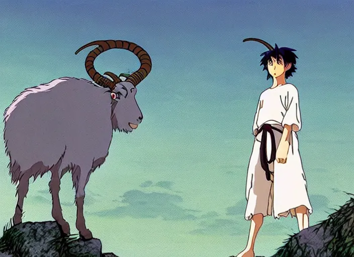 Prompt: a still from a studio ghibli movie of a cartoon half goat half man from princess mononoke ( 1 9 9 7 ), in front of a pale full moon, full body, wide shot, very dull muted colors, studio ghibli, highly detailed, deviantart, art by artgem