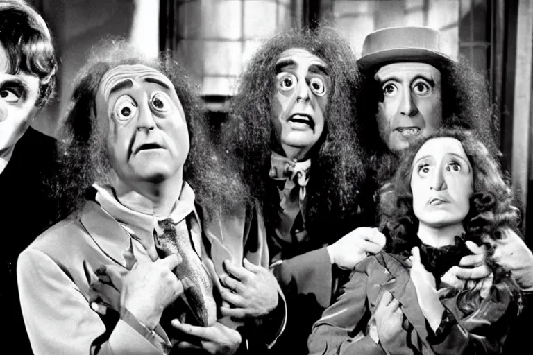 Image similar to Billy Wilder, Marty Feldman and weird al Yankovic in a still of the movie Young Frankenstein, hyperrealistic, cinema