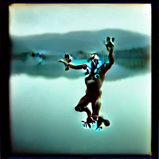 Prompt: semi translucent frog in Jesus Christ pose hovering over misty lake, polaroid photography by Andrei Tarkovsky, spiritual, mystical, mellow