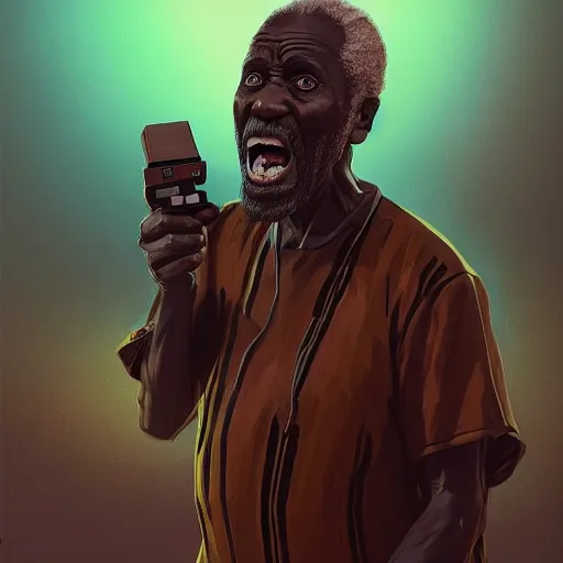 Image similar to An old african man raging and screaming and Television, holding a controller. Nice rimlight. By ilya kuvshinov, krenz cushart, Greg Rutkowski, trending on artstation. Sharp highlights, amazing textured brush strokes, accurate shape, cinematic soft, 8k, VFX, HDR, dramatic lighting, psychedelic colouring