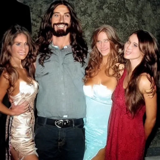 Image similar to jesus christ partying with beautiful women, realistic