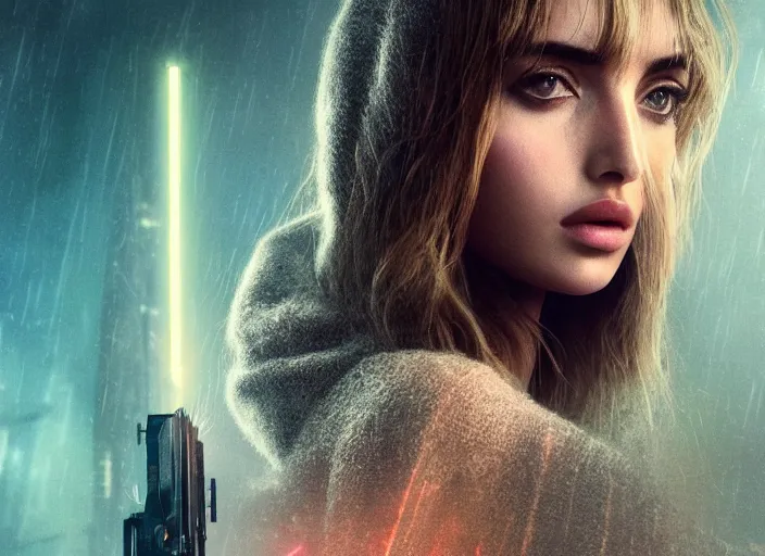 Prompt: breathtakingly beautiful Ana de Armas in blade runner 2049, long flowing hair, laser cannon, 8k, trending on artstation, unreal engine