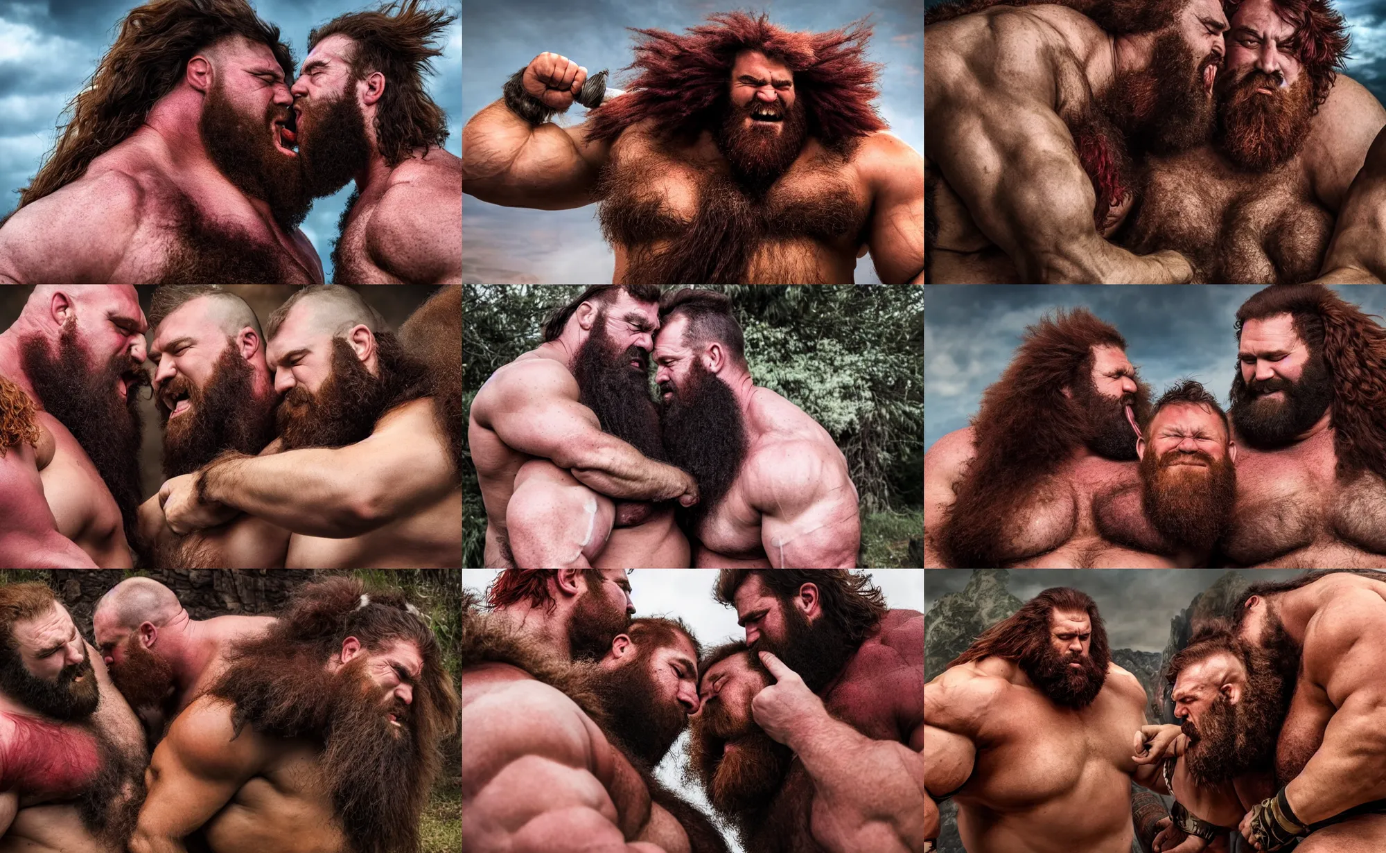 Prompt: clan of big hairy thick masculine barbarian strongman giant kings with massive muscle and dark red hair, kissing each other, photography, highly detailed, epic, high definition, 4 k, 8 k, dad energy