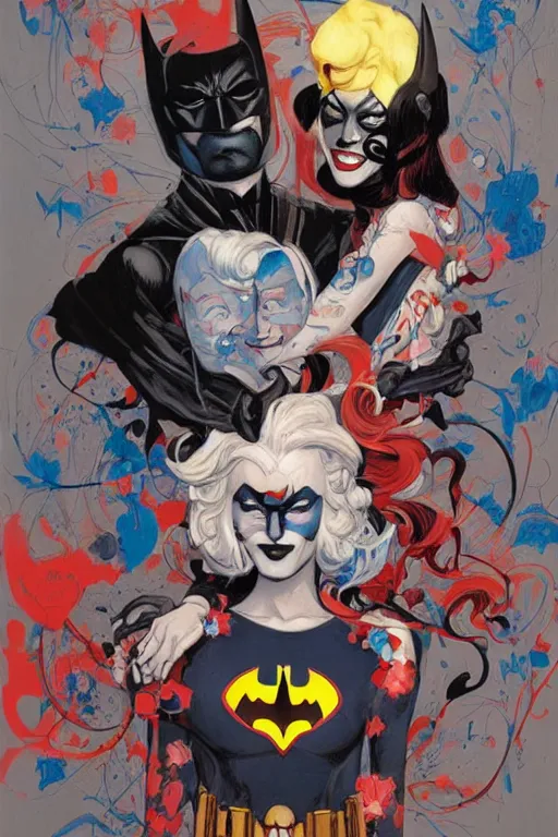 Image similar to a painting by James Jean about Batman and Harley Quinn, cover art, elegant