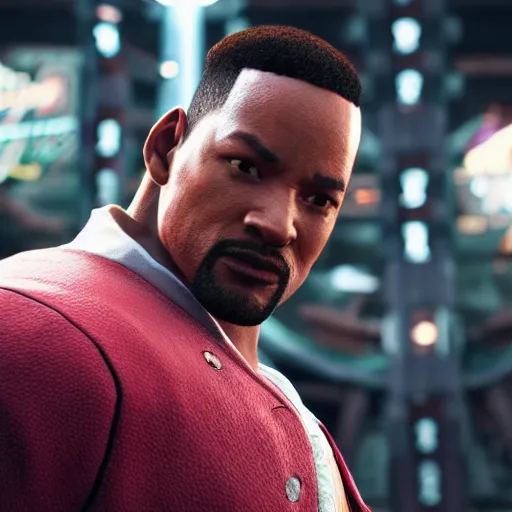 Image similar to a videogame still of Will Smith in Tekken 7, 40mm lens, shallow depth of field, split lighting