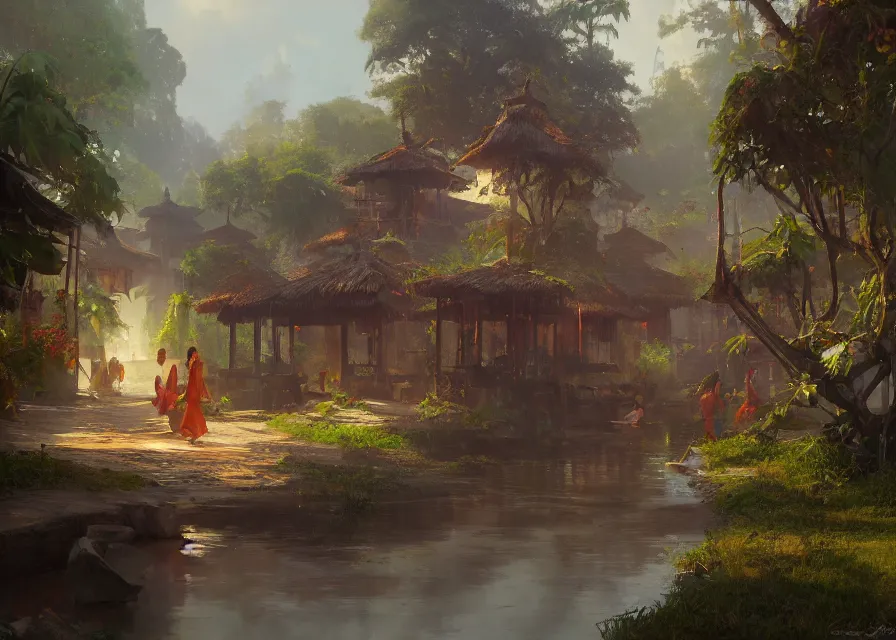 Image similar to kerala village, sharp focus, wide shot, trending on ArtStation, masterpiece, by Greg Rutkowski, by Ross Tran, by Fenghua Zhong, octane, soft render, oil on canvas, colorful, cinematic, environmental concept art