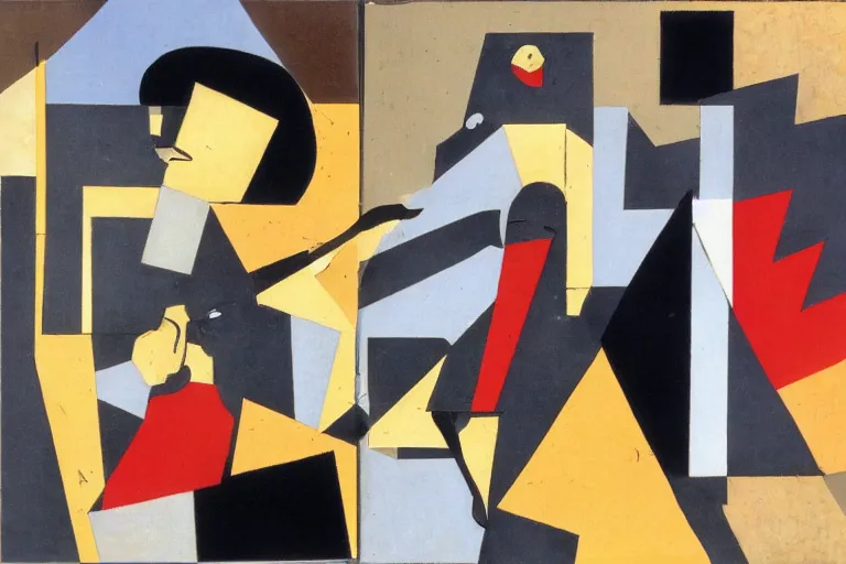 Image similar to Two figures facing camera, they are fighting very angry, Chaotic, paper collage, style of Juan Gris, abstract