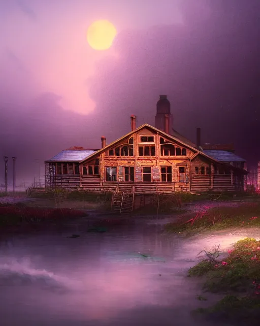 Image similar to a beautiful photorealistic illustration of city log house urbex abandoned unfinished building architecture nature building industrial architecture by ivan aivazovsky, flowers vaporwave at night at dusk fantasy, archdaily, wallpaper, highly detailed, trending on artstation.