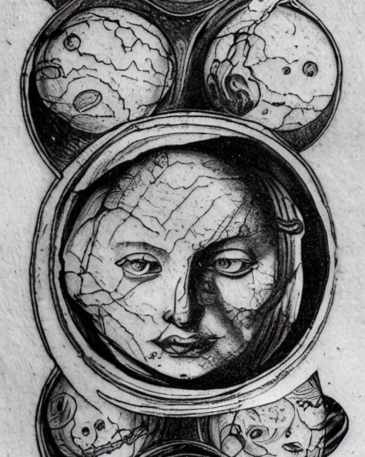 Image similar to planets on the top of a broken renaissance head statue, realism tattoo design, in the style of tony santos