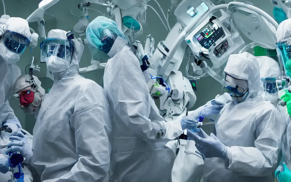 Image similar to medical, diverse medical cybersuits team, heart operation, clean green, visor, macro, biological, wide wide angle, vivid, elaborate, highly detailed, hospital lighting