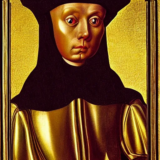 Image similar to a portrait of a shiny metallic renaissance robot, in the style of Jan van Eyck,
