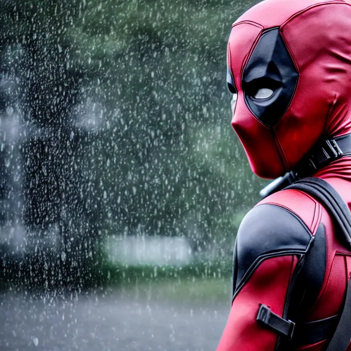 Prompt: fully body pose, photo of a very beautiful!! victoria secret model, deadpool mask, wet hair, raining, 8 k, hdr, smooth, sharp focus, high resolution, award - winning photo, trending on artstation, dslr, 5 0 mm