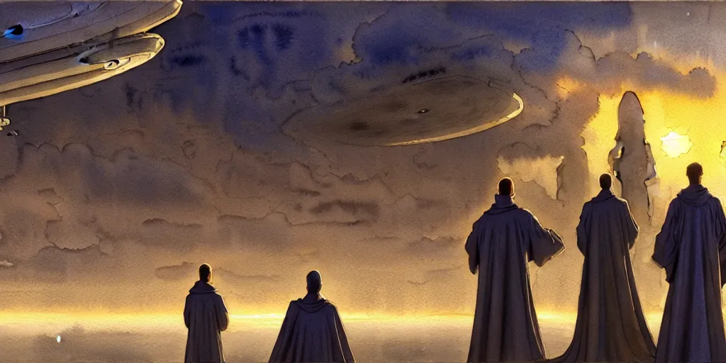 Prompt: a hyperrealist watercolor concept art of a giant alien ship from independence day on the horizon of a futuristic city in arizona. a medieval monk in grey robes is in the foreground. golden hour. very muted colors, by rebecca guay, michael kaluta, charles vess. high detail, hq, wide shot, 4 k