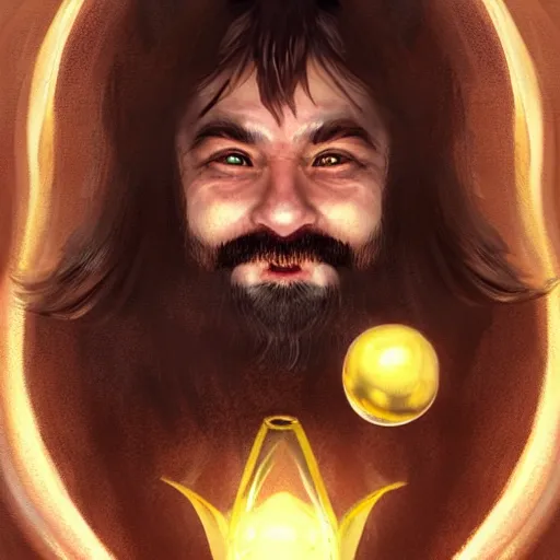 Image similar to symmetrical portrait of a happy dwarf showing off the humongous sparkling gold nugget, realistic, beautiful, fantasy art, dnd, lord of the rings, style of charlie bowater, concept art, sharp focus, ray tracing